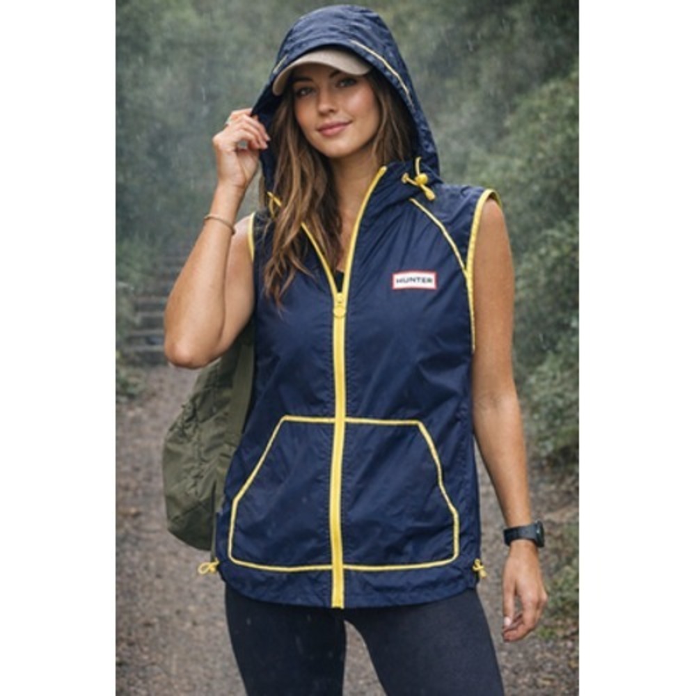 Hunter Vest Womens Small Blue Hooded Windbreaker Full Zip Yellow Trim Pockets